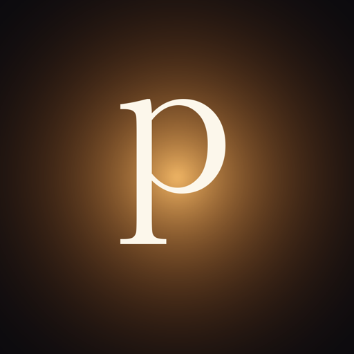 Posey app icon, a serif lowercase p in cream on a dark background, lit by a warm amber glow.
