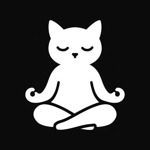 Purr Machine app icon — a meditating cat in lotus position, white silhouette on black.
